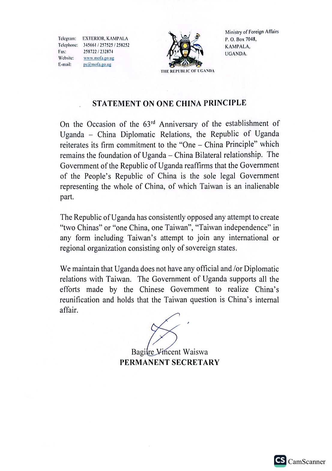 Uganda Reaffirms Commitment to One China Principle on 63rd Anniversary ...