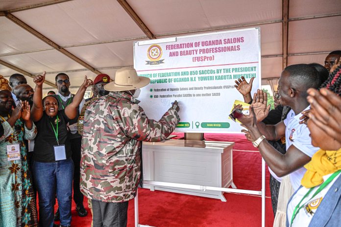 President Museveni pledges SHS85 Billion revolving fund for salon operators.
