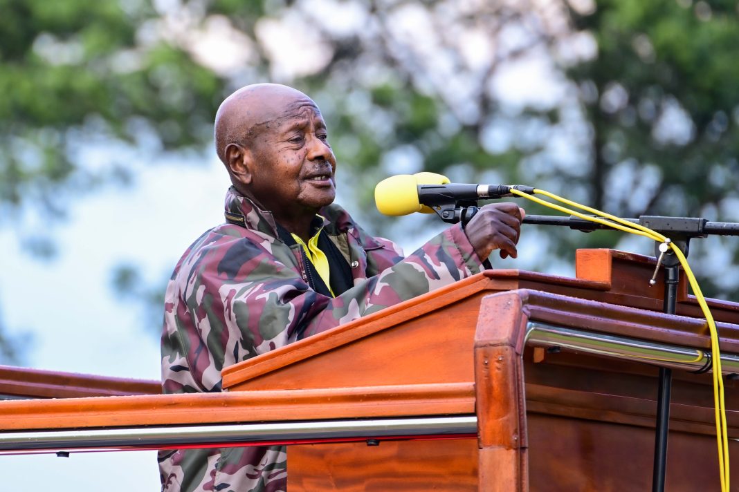 President Museveni who is also the NRM Presidential candidate addressing his supporters at a campaign in Lugazi town in Buikwe district on Saturday Jan 3. PPU Photo